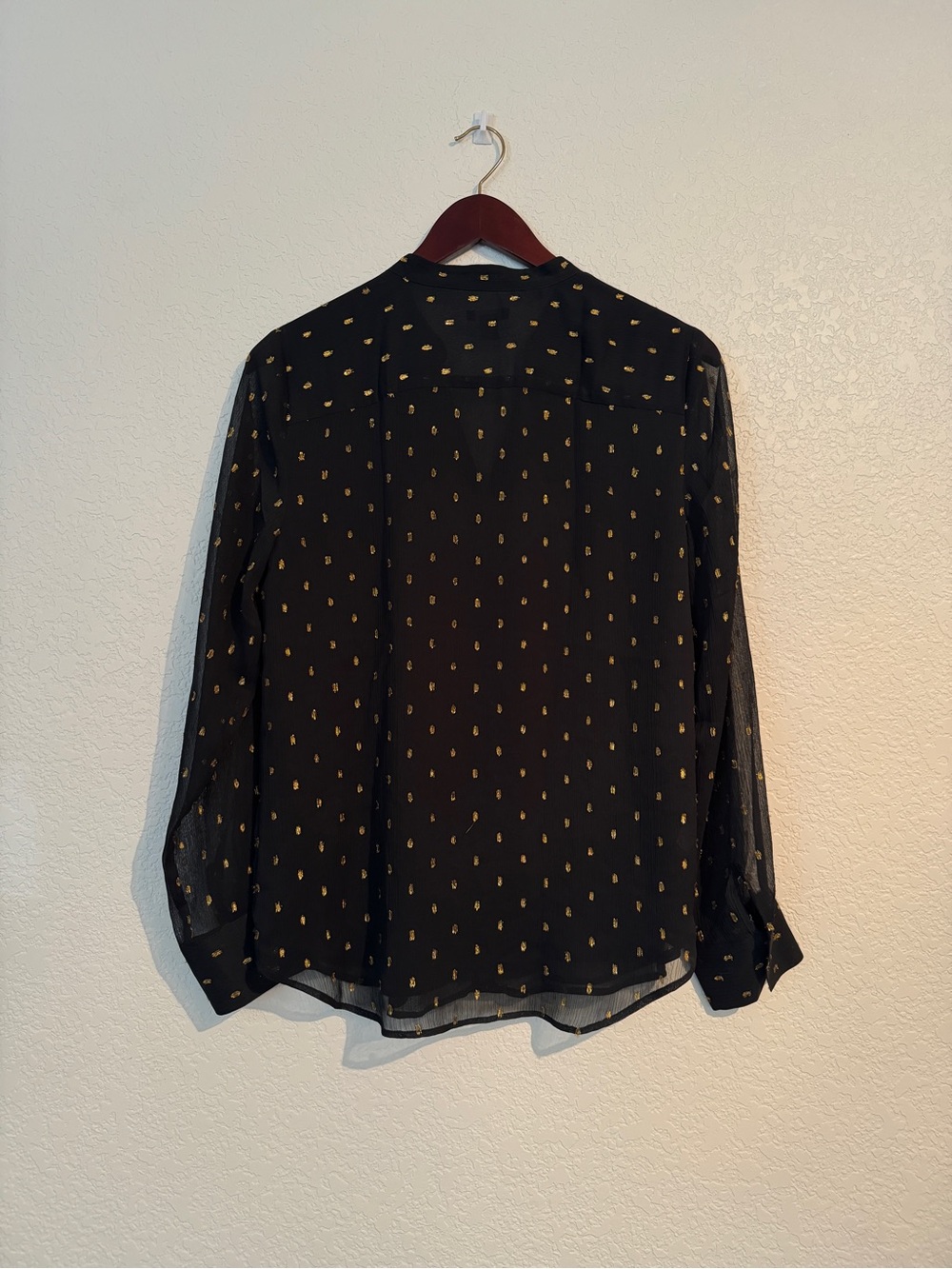Ann Taylor Black Gold Metallic Clip Dot Ruffle Blouse Sheer Long Sleeve Small - Picture 3 of 6